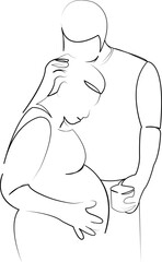 One continuous line art drawing flat illustration person, pregnant, indoor, mother, woman, father, belly, love, couple, family. Isolated image hand draw outline on white background