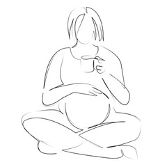 One continuous line art drawing flat illustration pregnant, woman, lifestyle, adult, horizontal, indoors, one person, relaxation, color image. Isolated image hand draw outline on white background