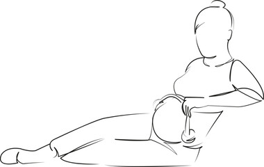 One continuous line art drawing flat illustration pregnant, woman, lifestyle, adult, horizontal, indoors, one person, relaxation, color image. Isolated image hand draw outline on white background