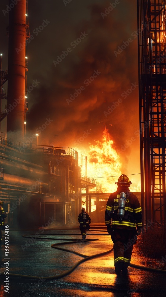 Poster a firefighter stands at the edge of a fire, focused on the task