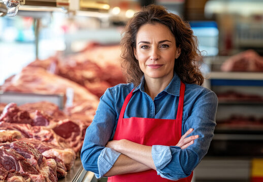 Confident middle-aged female butcher stands in a vibrant meat market, showcasing her expertise and passion for quality cuts of meat