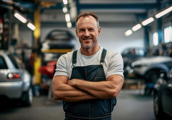 An attractive smiling man stands with crossed arms in a well-lit automotive workshop, showcasing confidence and professionalism