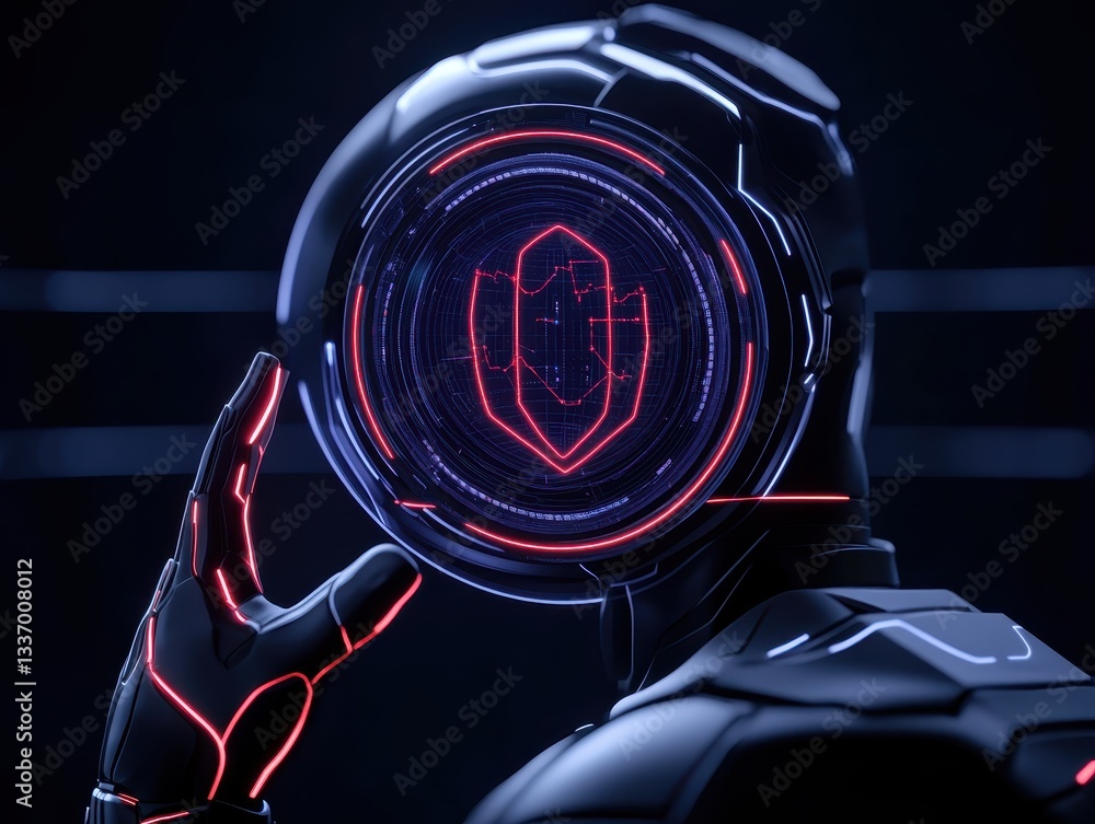 Poster futuristic humanoid robot interacting with holographic interface in dark setting