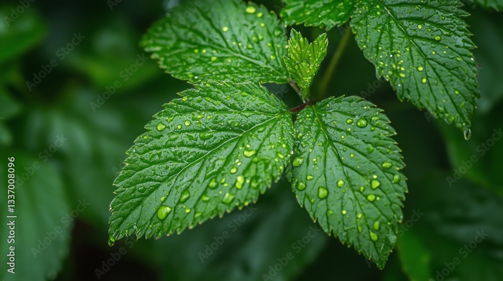 Poster in a serene garden, vibrant green leaves showcase an array of shimmering water droplets, capturing t