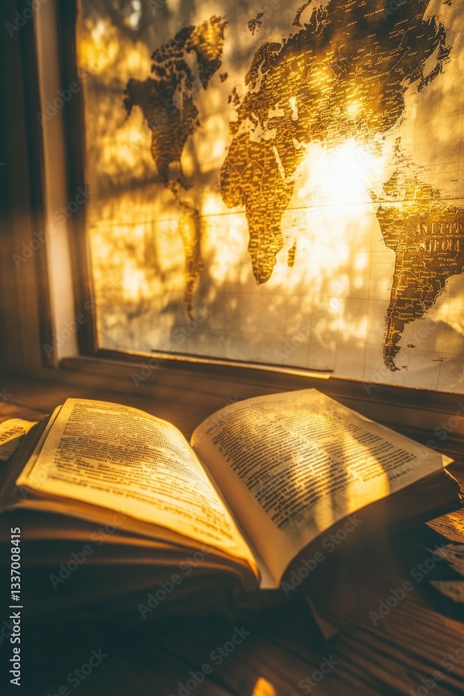 Poster an open book resting on a wooden table, perfect for studying or reading