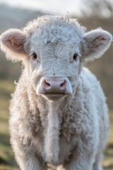 Fototapeta premium A close-up view of a young calf in a green meadow
