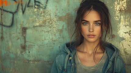 Naklejka premium Girl with striking blue eyes and freckles stands against a textured wall, wearing a hoodie for a casual, yet captivating portrait.