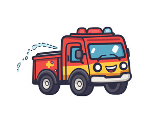 Naklejka premium Cartoon fire truck with water spraying from a nozzle smiling face design transparent background
