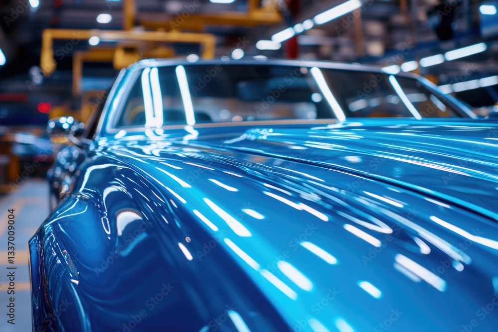 Poster A close-up shot of a blue car on an assembly line in a modern factory setting