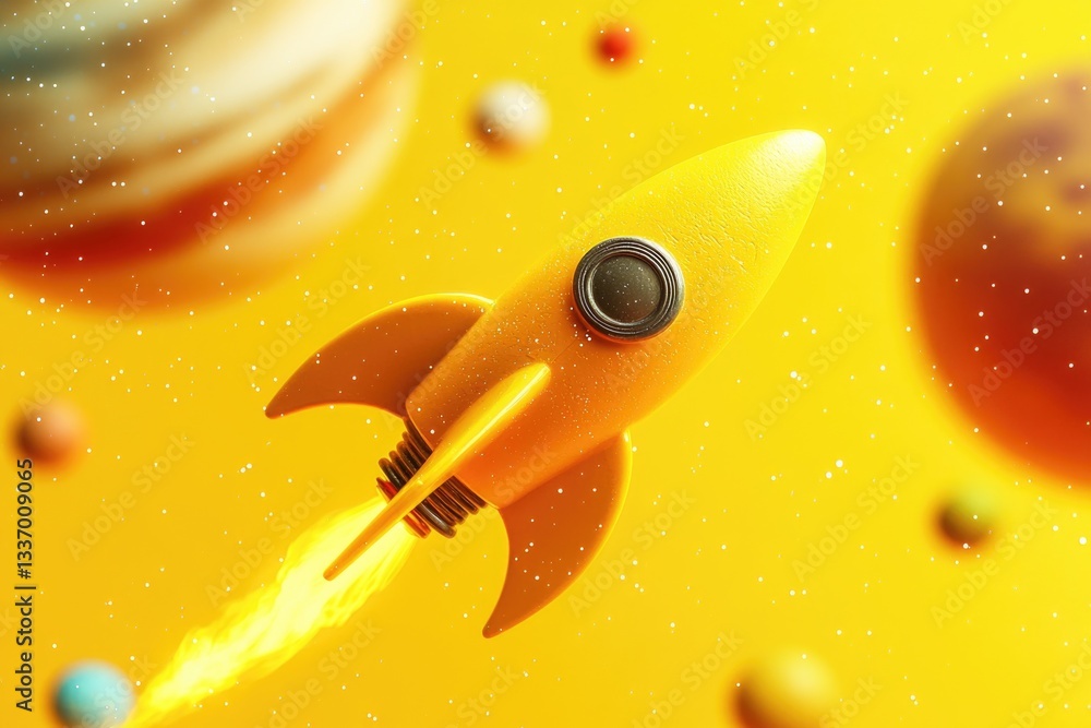 Poster a yellow rocket ship soaring through space amidst a backdrop of planets, perfect for sci-fi themed p