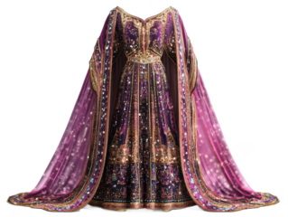 An elegant purple and gold dress with a flowing cape isolated on a Transparent Background