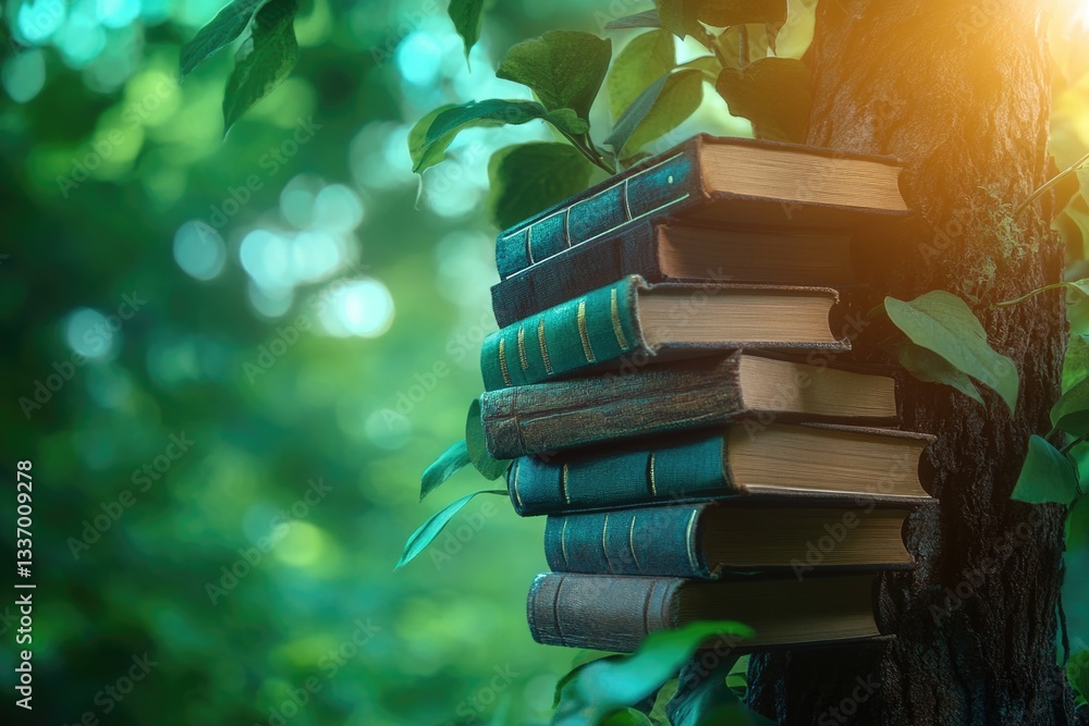 Poster Stack of books placed on top of a tree trunk