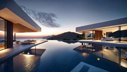 Fototapeta premium 2층 고급 주택앞에 인피니티 풀이 위치한 모습