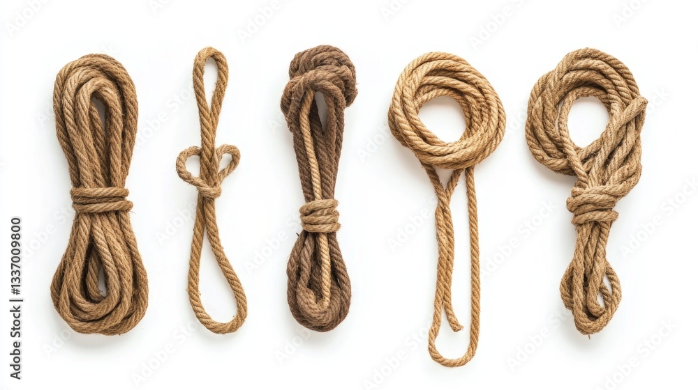 Poster a close-up shot of a rope coil lying on a white surface, ready for use