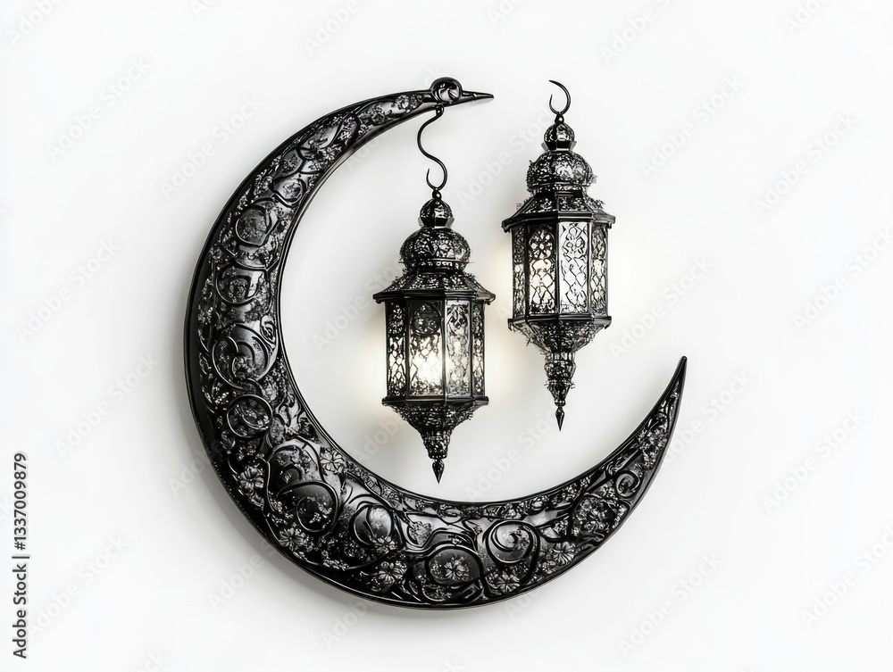 Poster a crescent moon with two hanging lanterns, perfect for decorative or celestial themed images