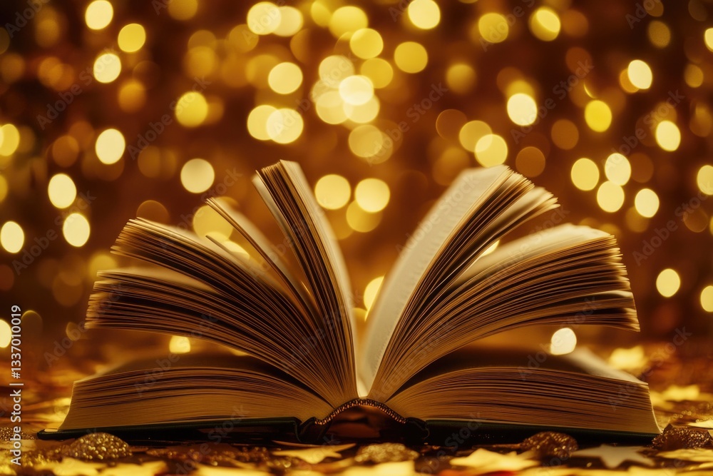 Poster a book lying open on a table, suitable for educational or office settings