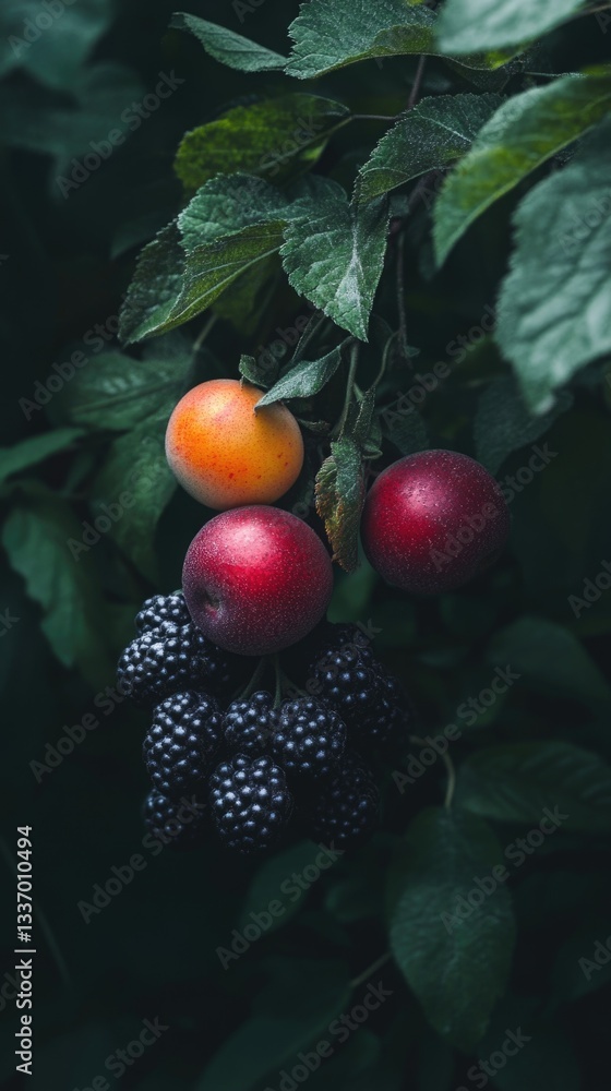 Poster a tree with a variety of fruits hanging from its branches