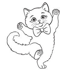 Cute cat kitten with a bow is dancing coloring page. For kids coloring book
