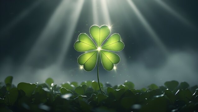 Radiant Four-Leaf Clover Illuminated by Sunlight in a Mystical Forest &ndash; Symbol of Fortune, Hope, and Nature&rsquo;s Magic