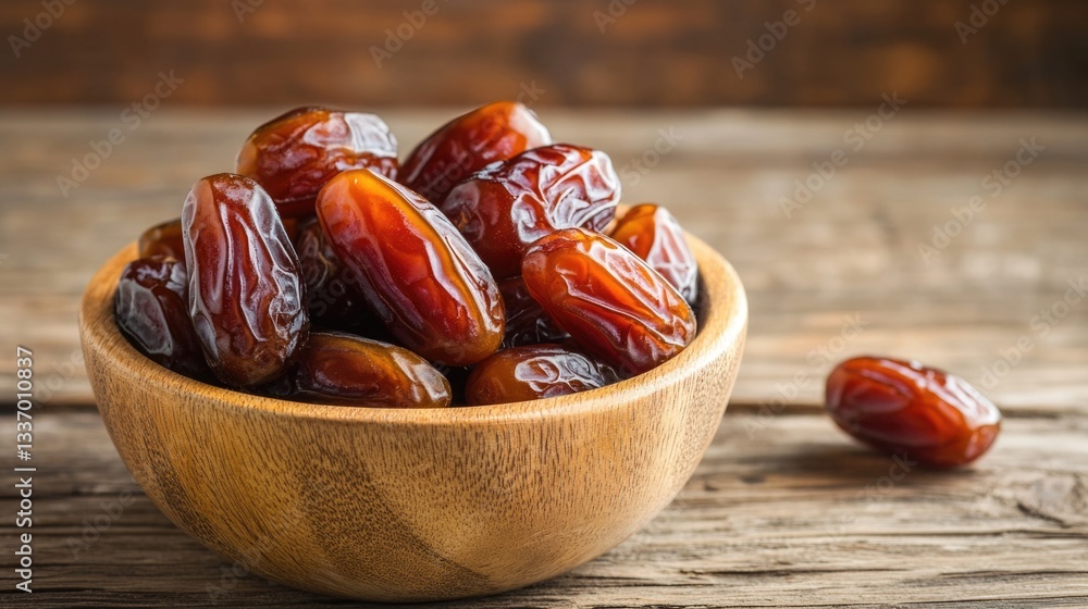 Poster fresh dates arranged on a wooden table