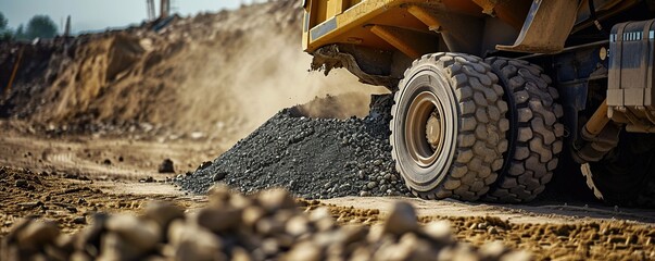 Powerful dump truck wheel in a dusty construction site environment, heavy machinery