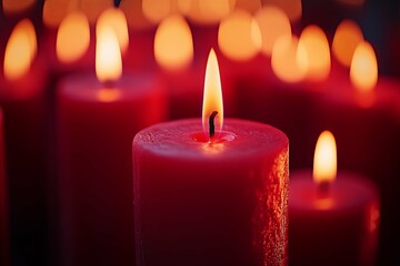 Multiple red candles are lit with softly glowing flames and background