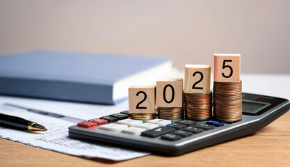 A financial-themed image featuring wooden blocks arranged to display the year "2025," stacked on increasing piles of coins on a calculator. The background includes financial documents and a blurred bo