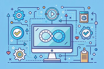 Obraz premium DevOps Workflow: Web Banner Illustration with Monitor, Build, Test, Deploy, Release & Code Icons