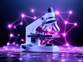 Modern microscope on a high-tech background with glowing connections and data