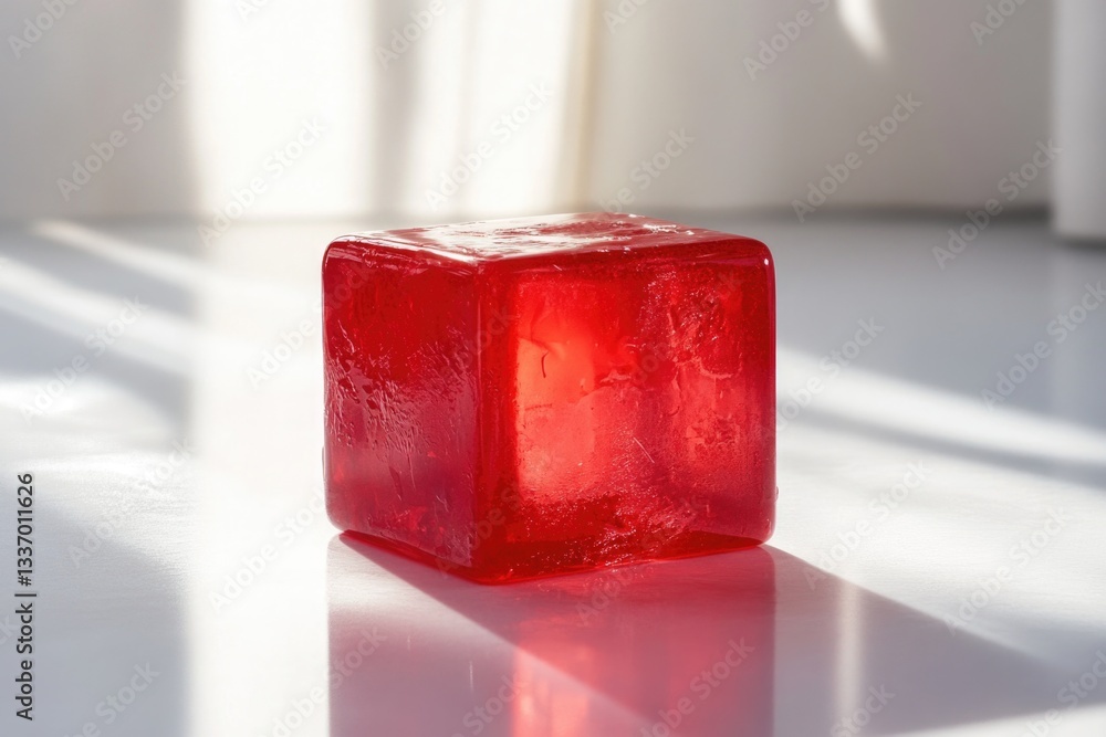 Poster A single red ice cube sits on top of a white table, perfect for adding a pop of color to your design