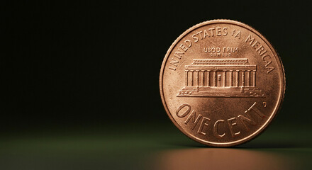 Close up of a US One Cent Coin Lincoln Memorial Design Macro Photography