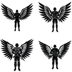 Obraz premium Set of vector silhouettes of wings featuring birds, eagles, doves, and hawks in flight, ideal for tribal or tattoo designs, with a focus on feathers and flight symbolism