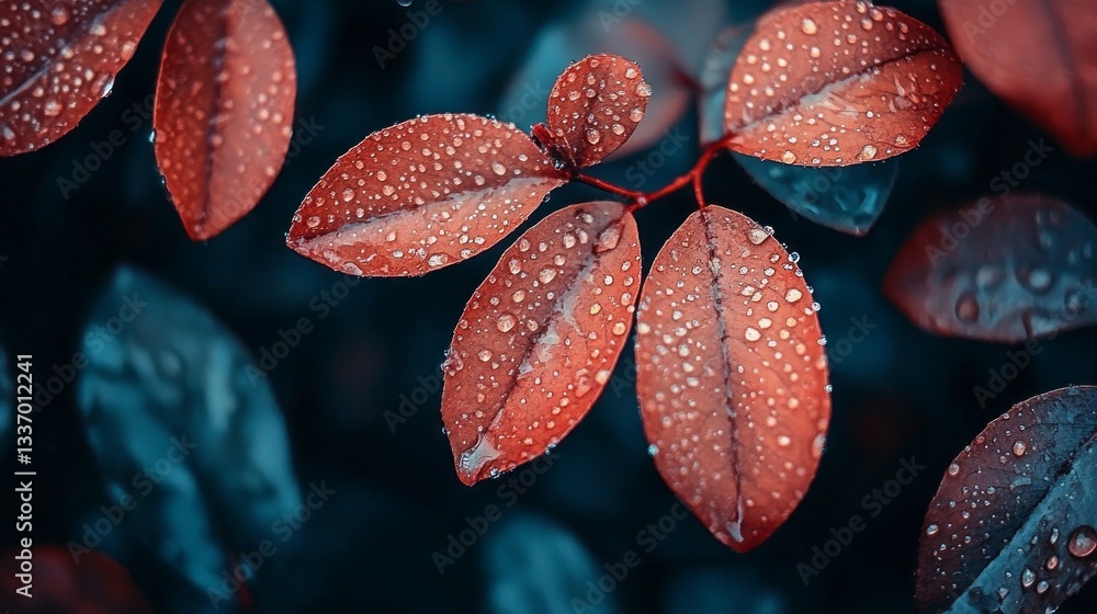 Aufkleber Vivid leaves adorned with sparkling water drops create a mesmerizing display against a backdrop of softly contrasting colors, evoking tranquility and beauty in nature