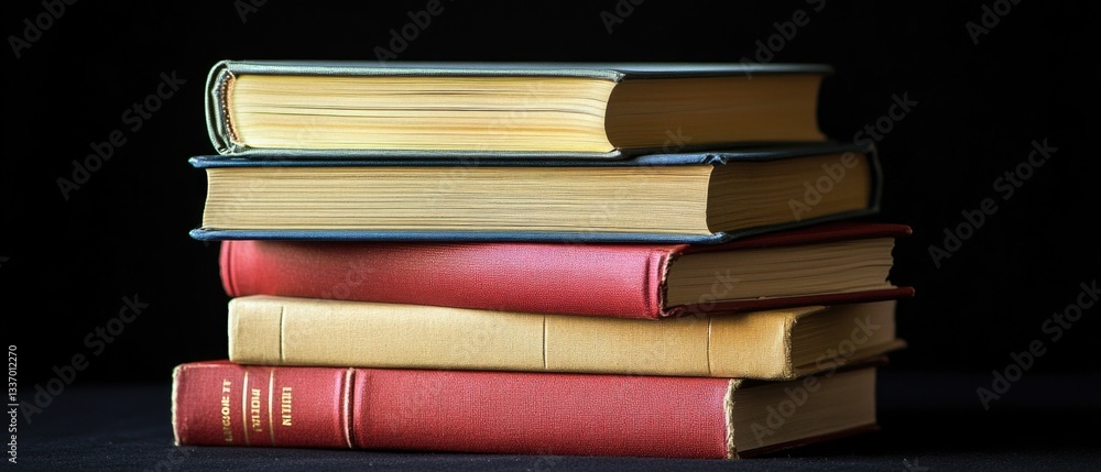 Poster a stack of books piled high, possibly in a library or home