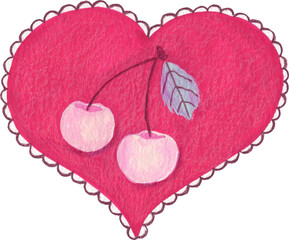Mixed media illustrated pink heart with cherries,  isolated on a transparent background