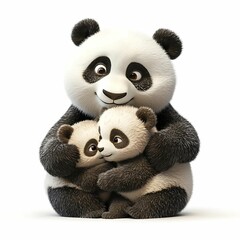 Panda family cuddling together in harmony.