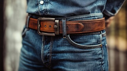 Close-up of a brown leather belt with a metal buckle worn on denim jeans.
