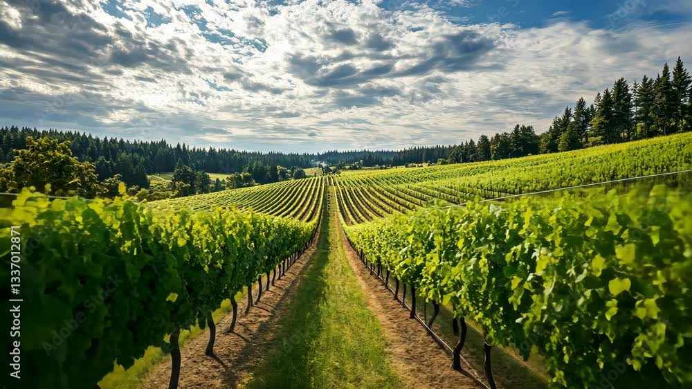 Poster lush vineyard and grapevine rows stretch across rolling hills under partly cloudy sky, surrounded by