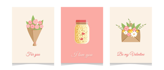 I Love You. Greeting Card Set. A set of greeting cards for Valentine's Day. Vector cute illustrations with festive decorative elements, light bulbs, hearts, bouquet, postal envelope and inscriptions.