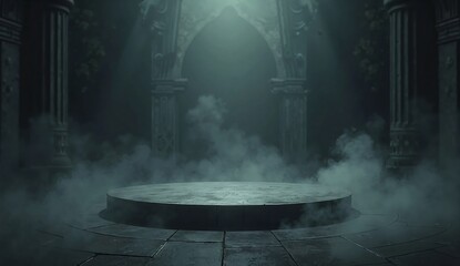 Dark mystical setting: a circular stone platform surrounded by foggy mist, ornate carved columns holding up arches in dim, ethereal light