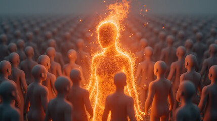 Obraz premium Fiery figure stands out among crowd of faceless humanoid figures, symbolizing individuality and passion