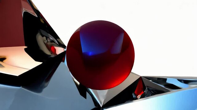A red ball is on top of a mountain. The mountain is surrounded by other mountains. The scene is very abstract and surreal