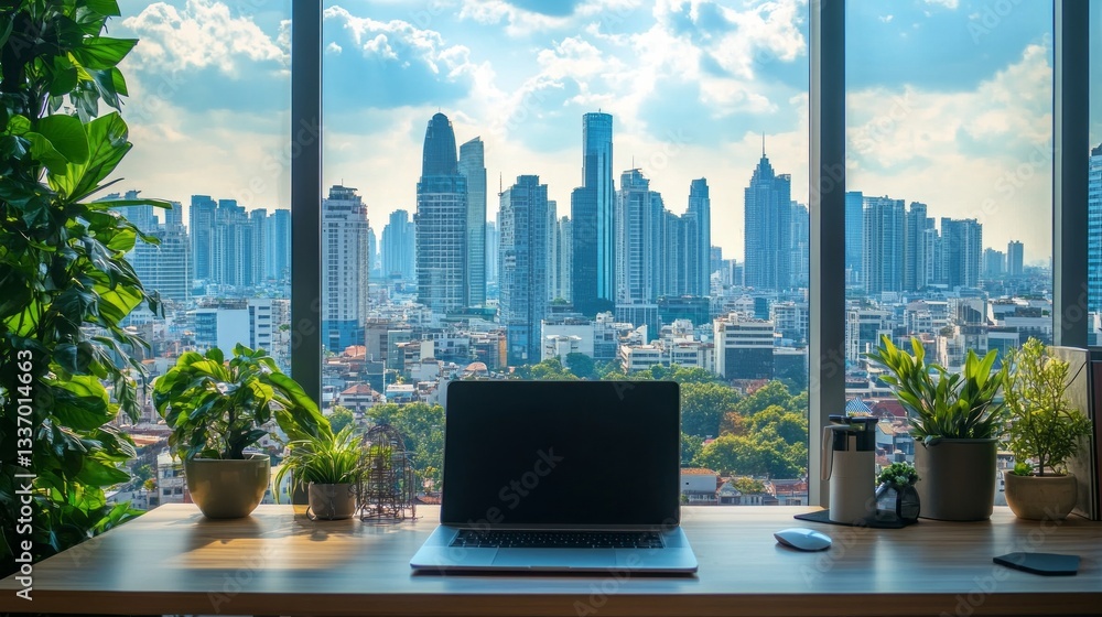 Poster sunlight floods a modern workspace featuring a sleek laptop on a wooden desk. towering skyscrapers c