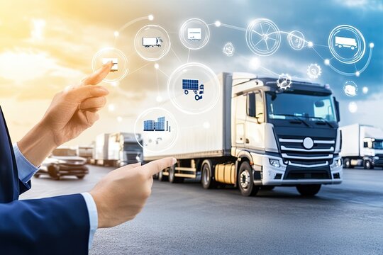 Smart logistics A person interacts with a digital interface showing real-time trucking data and fleet management