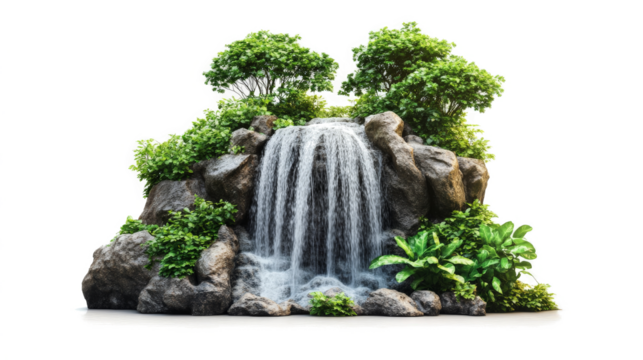 a waterfall with trees and rocks cutout image and isolated on transparent background 