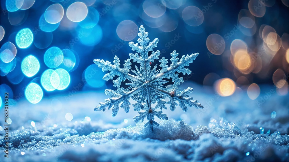 Poster double exposure snowflake macro: frosty winter wonderland bokeh background