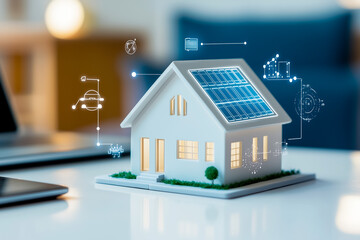 A house model with energy-efficient features, including solar panels and green plants growing on it. Concept of zero carbon development, zero carbon. cost-saving house.