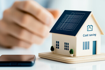 A house model with energy-efficient features, including solar panels and green plants growing on it. Concept of zero carbon development, zero carbon. cost-saving house.