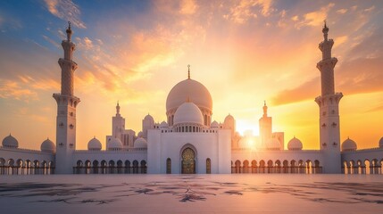 Naklejka premium The Majestic White Mosque Silhouetted Against A Golden Sky