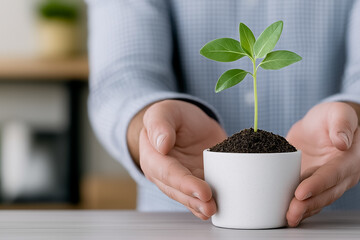 Close-up of hands holding a small plant in soil. Concept of zero carbon development, zero carbon.